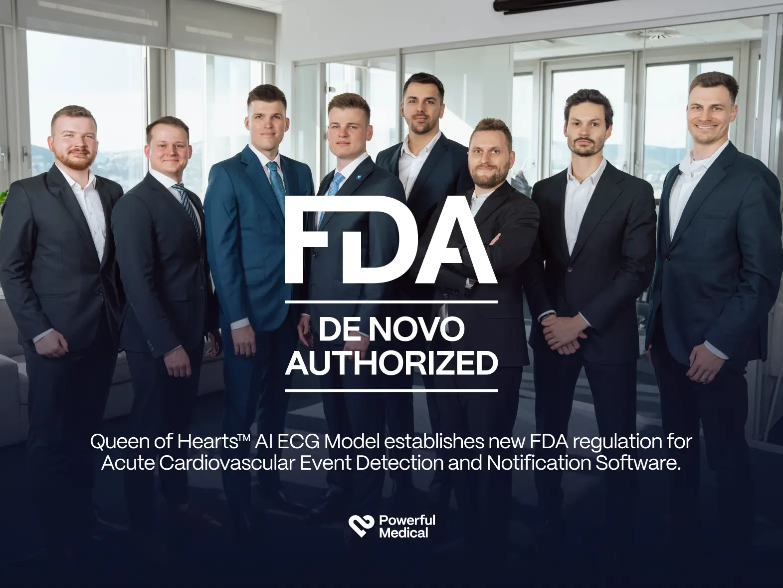 Powerful Medical team in a bright office beneath a caption reading FDA De Novo authorized, marking the new FDA device classification for the Queen of Hearts AI ECG model