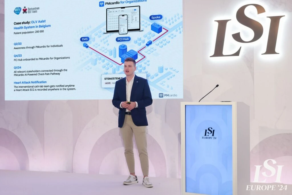 Martin Herman presenting the PMcardio for Organizations platform on stage at LSI Europe 24 in Lisbon