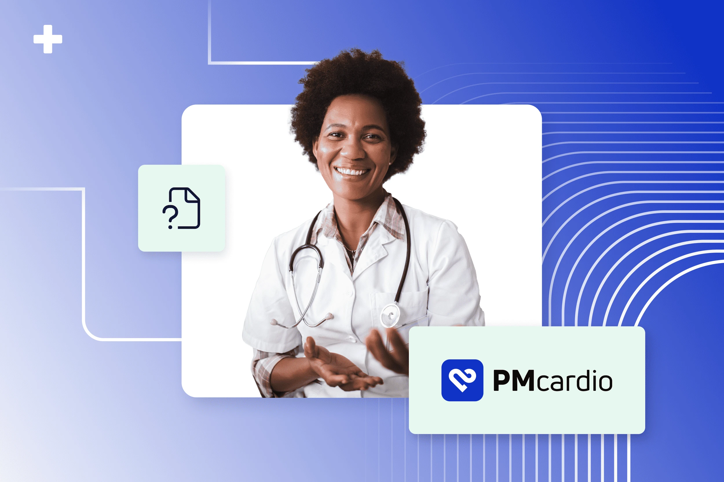 Smiling GP in white coat with stethoscope beside the PMcardio AI ECG app logo