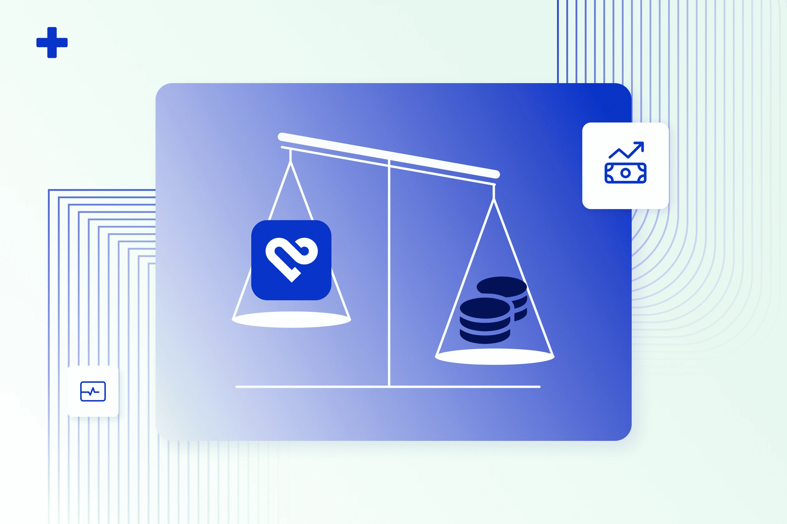 Balance scale weighing the PMcardio app against a stack of coins, illustrating ECG interpretation cost savings
