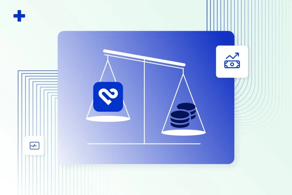 PMcardio app icon outweighing a pile of coins on a balance scale, showing lower ECG interpretation cost