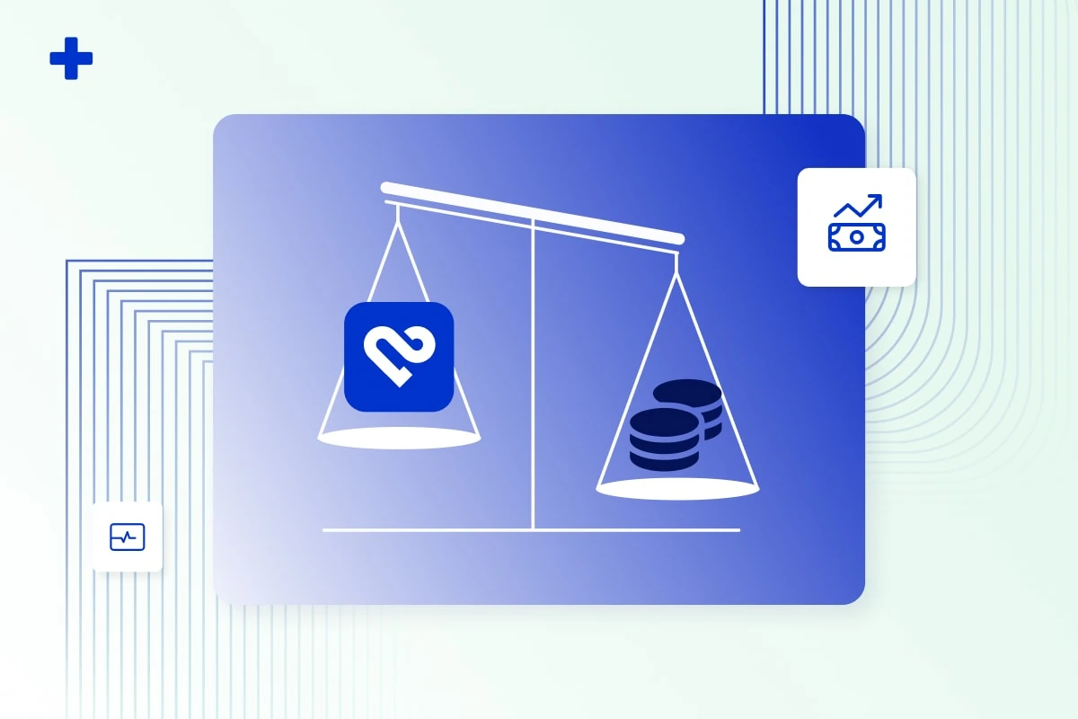 PMcardio app icon outweighing a pile of coins on a balance scale, showing lower ECG interpretation cost