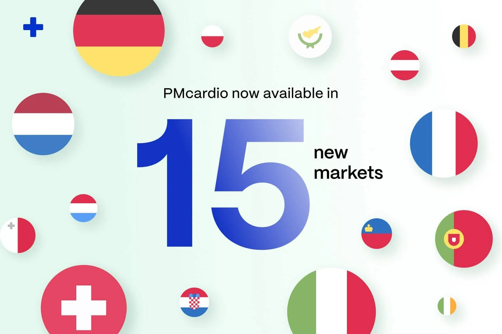 PMcardio now available in 15 new European markets, shown by circular flags of Germany, France, Italy and more