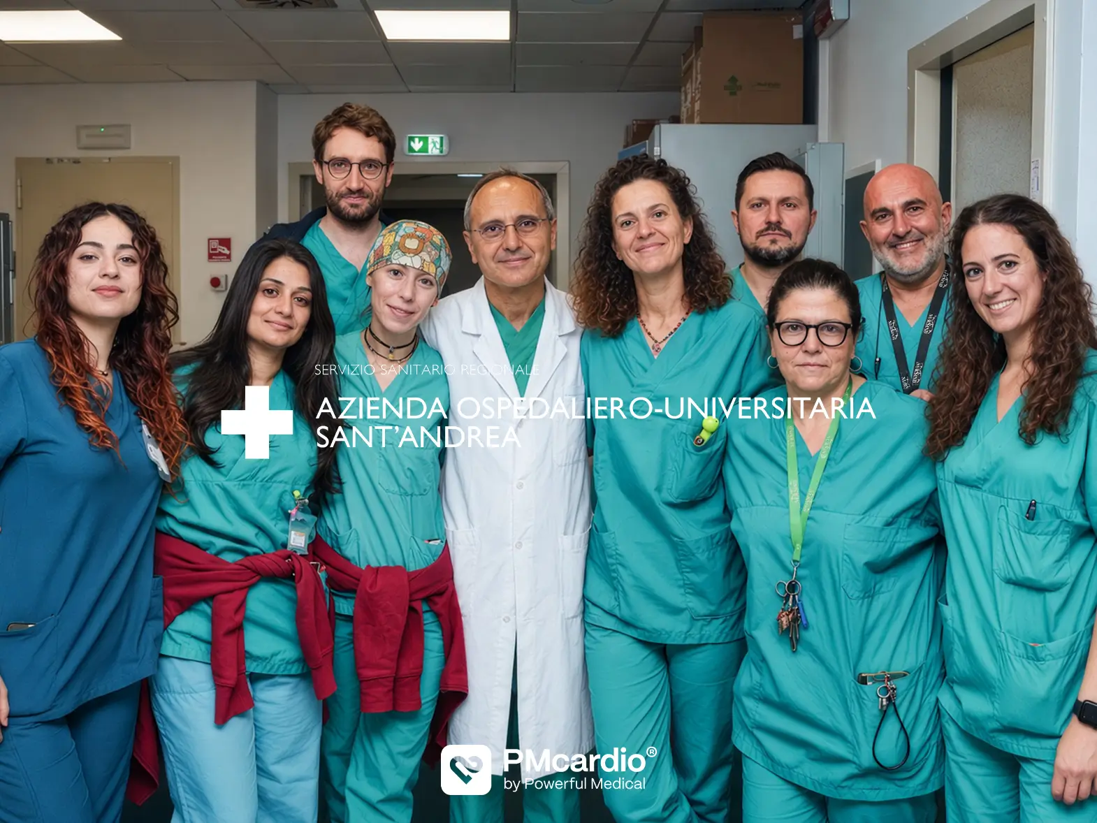 Sant'Andrea University Hospital emergency and cardiology team in scrubs, with the Azienda Ospedaliero-Universitaria Sant'Andrea and PMcardio logos