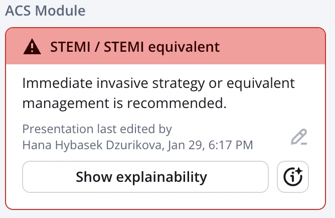 PMcardio ACS module alert reading STEMI or STEMI equivalent with a Show explainability button
