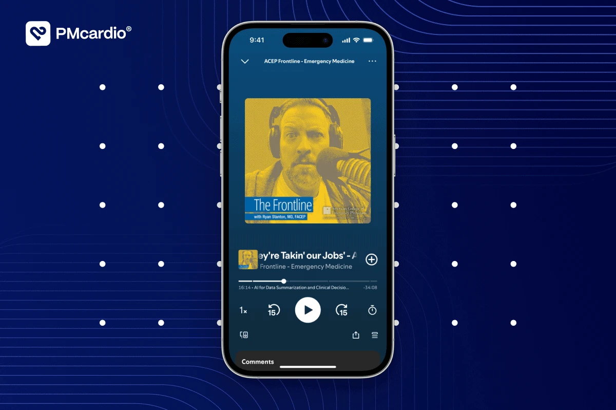 Smartphone playing the ACEP Frontline podcast episode on AI in emergency medicine, with PMcardio branding