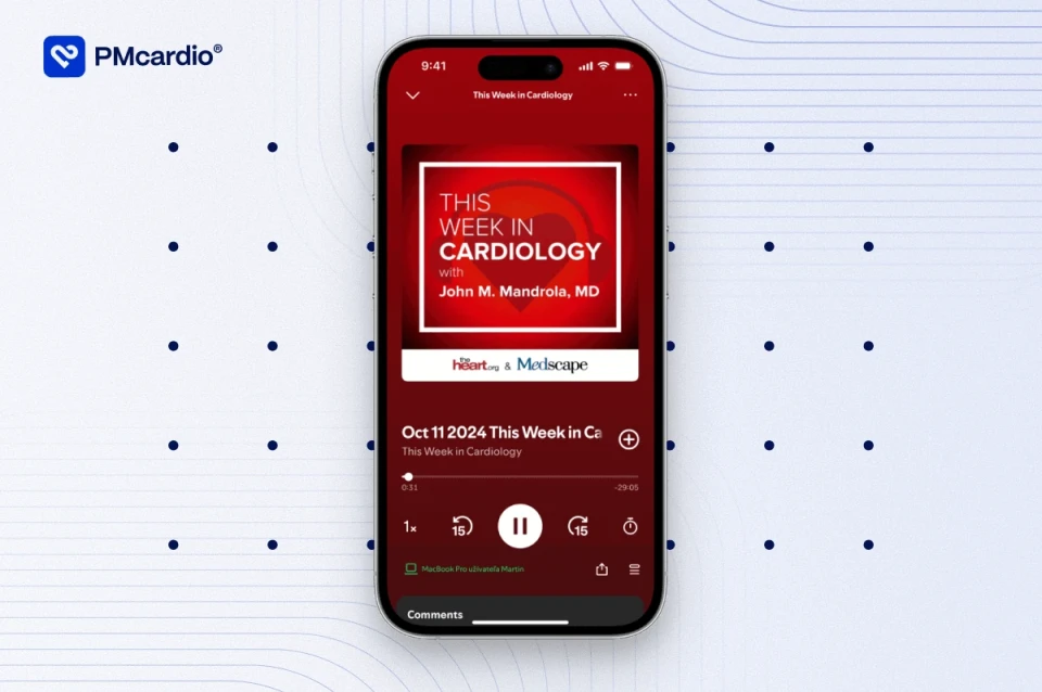 Smartphone playing the This Week in Cardiology podcast with Dr. John Mandrola, Oct 11 2024 episode, beside the PMcardio logo