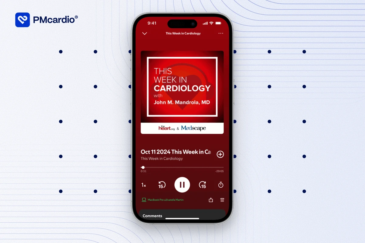 Smartphone playing the This Week in Cardiology podcast with Dr. John Mandrola, Oct 11 2024 episode, beside the PMcardio logo