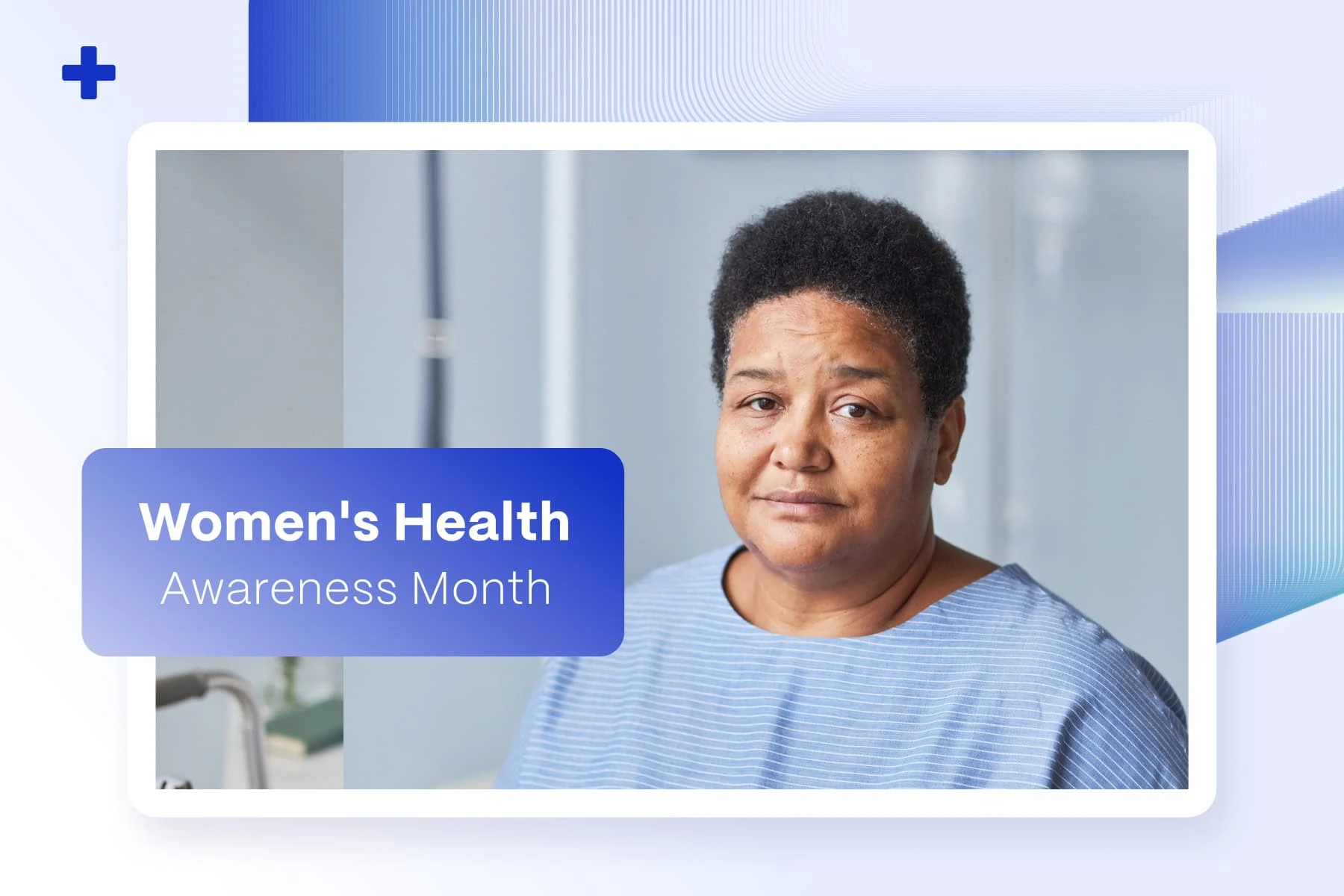 Woman patient in hospital gown with Women's Health Awareness Month cardiac care banner