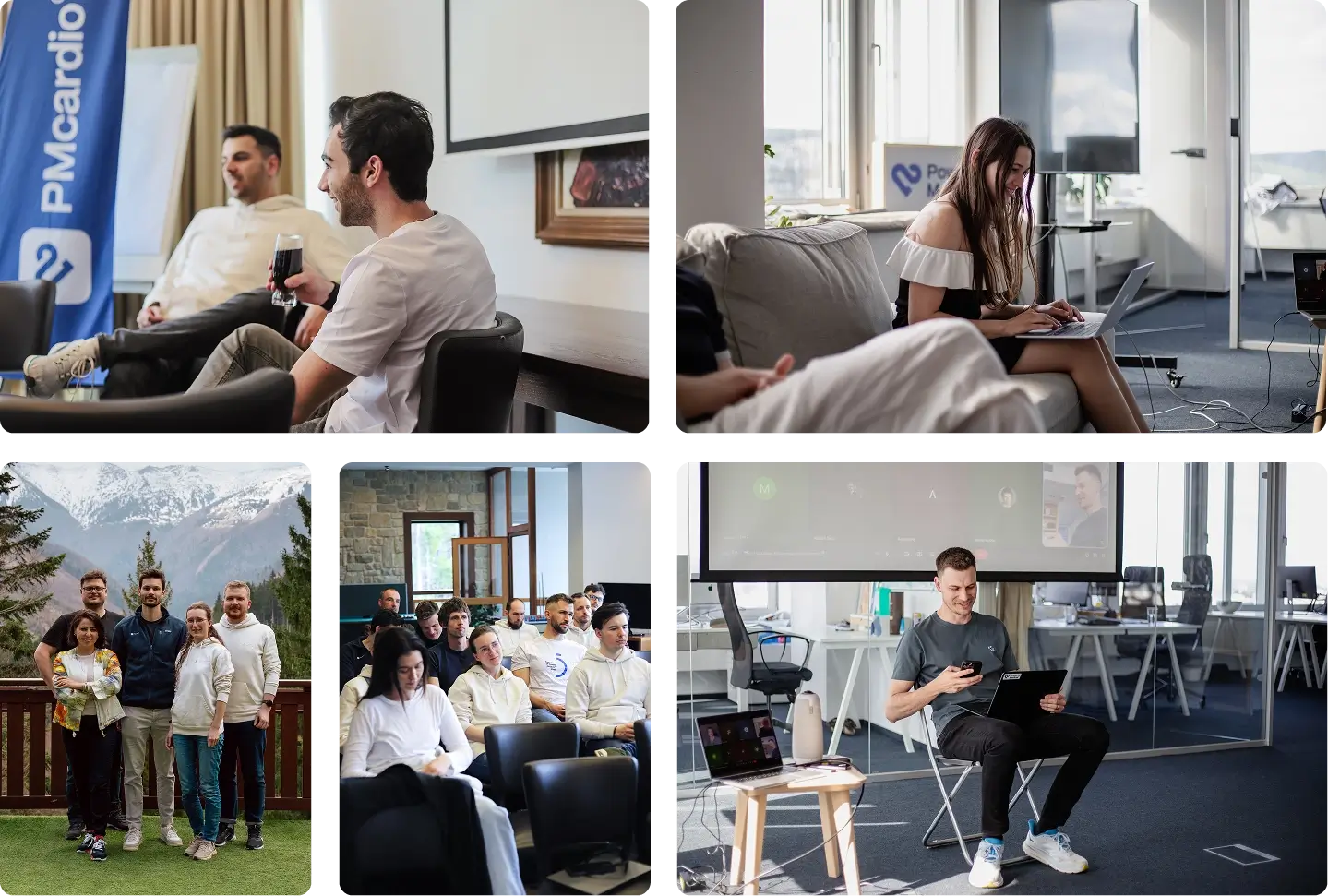 Collage of a Powerful Medical team retreat with relaxed talks and a mountain group photo