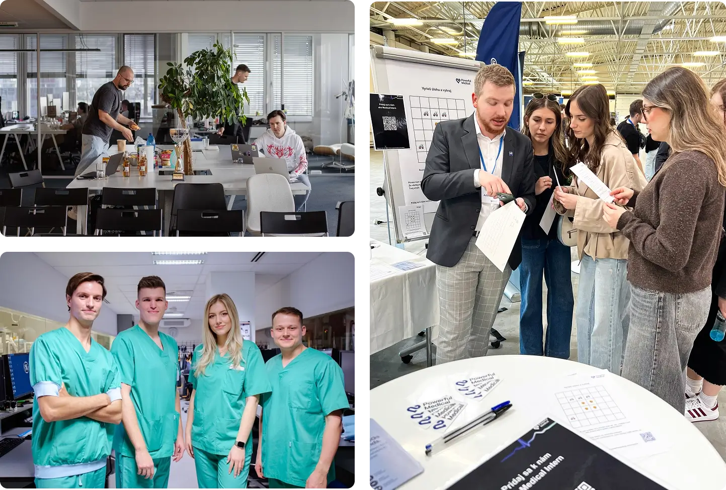 Collage of Powerful Medical life: office lounge, staff in scrubs, and a student career fair booth
