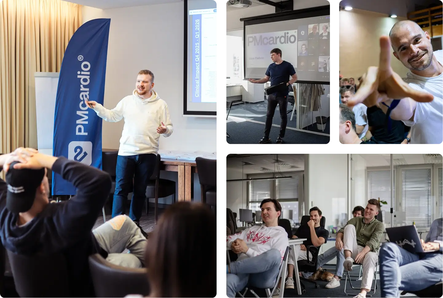 Collage of Powerful Medical talks and team gatherings beside a PMcardio banner