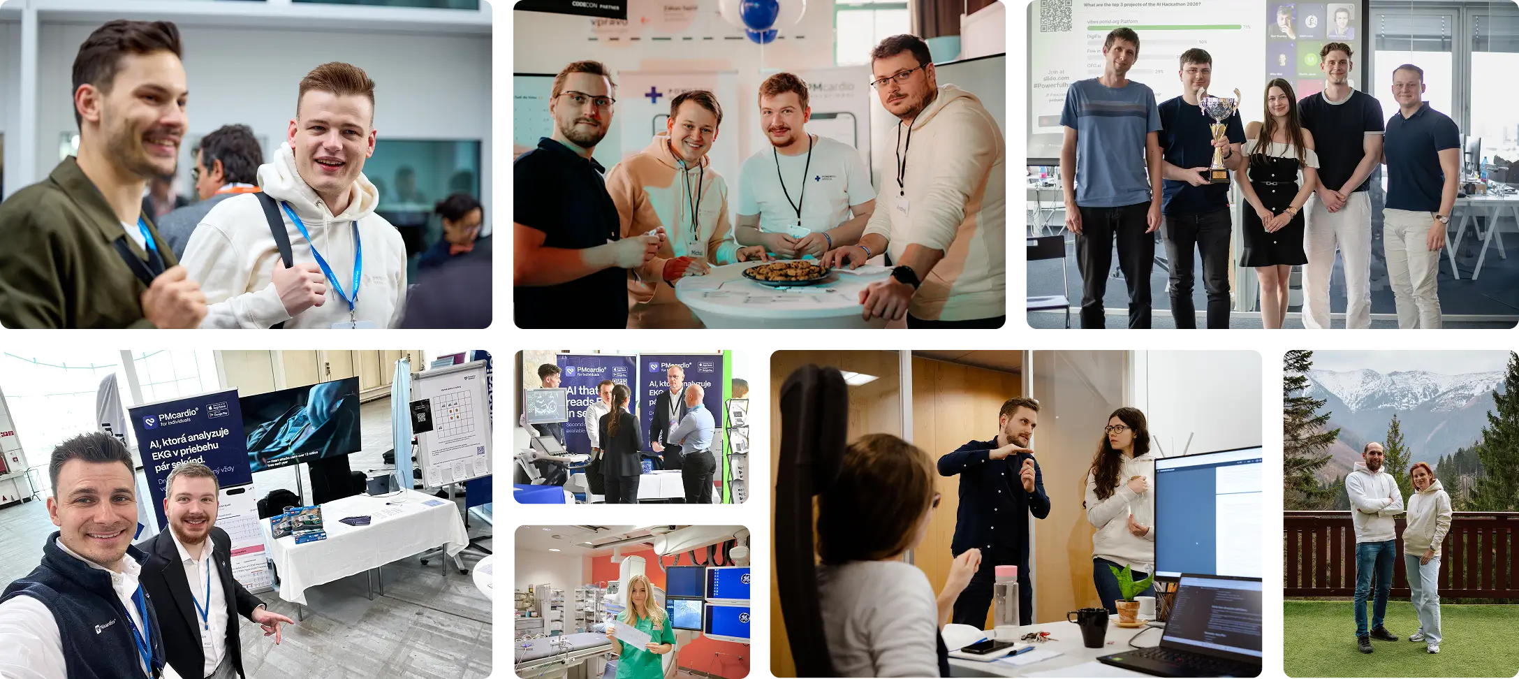 Collage of Powerful Medical events: hackathon team with trophy and PMcardio conference booths