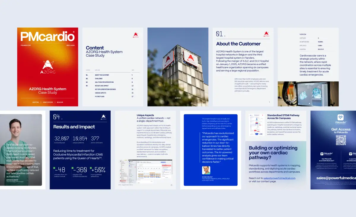 Preview spreads of the PMcardio AZORG case study showing a 48-minute door-to-balloon time reduction