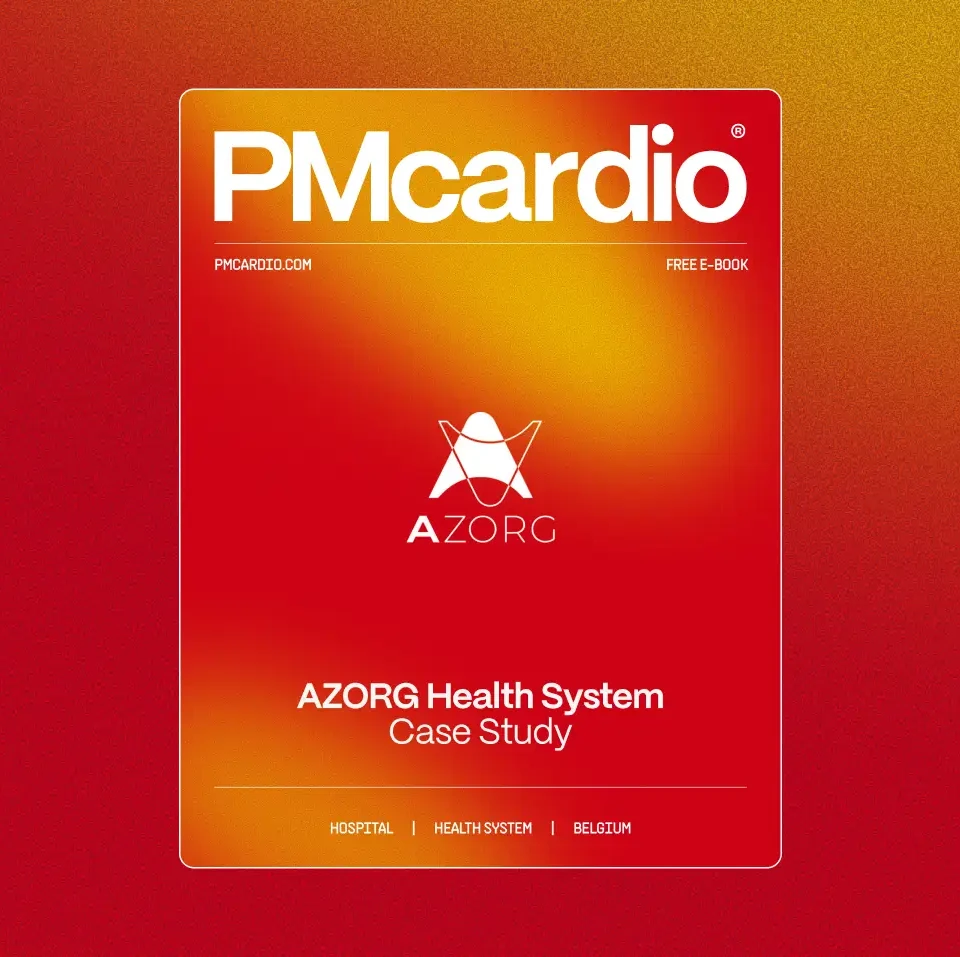 AZORG Health System case study e-book cover with PMcardio and AZORG logos on a red gradient