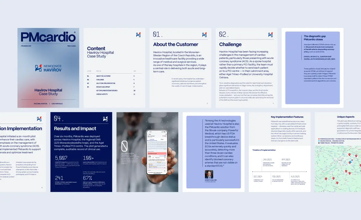 Spread of PMcardio Havirov Hospital case study pages showing challenge, results with 5,007 ECGs and 241 STEMI cases, and PMcardio app