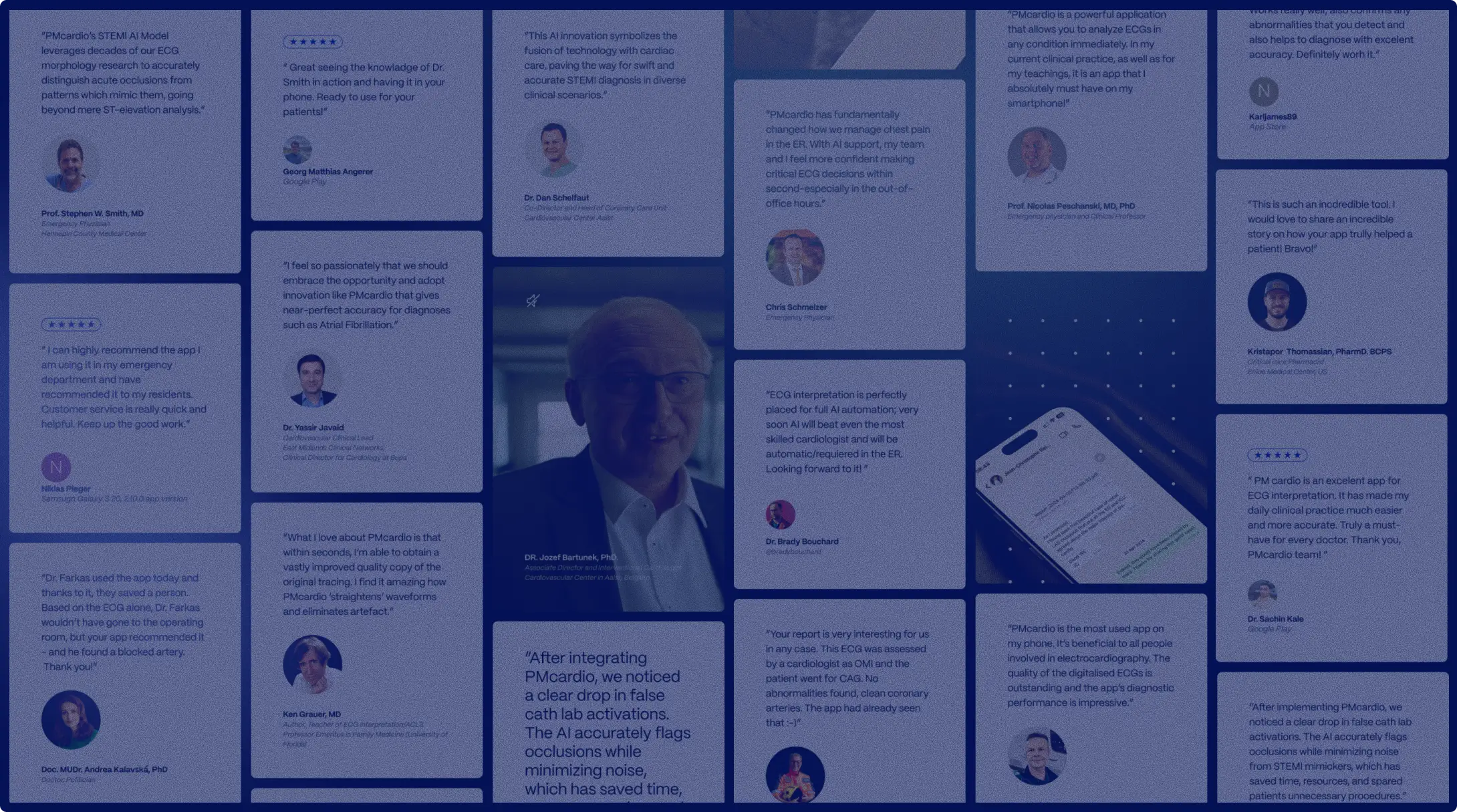 Wall of clinician testimonials praising PMcardio around a video of Dr. Jozef Bartunek