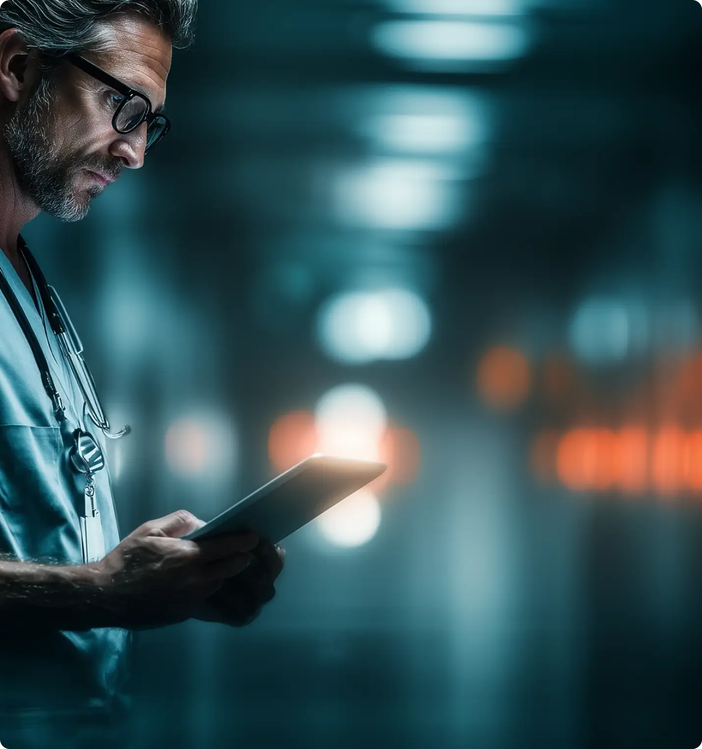 Clinician in scrubs with a stethoscope reading a tablet in a dark hospital corridor