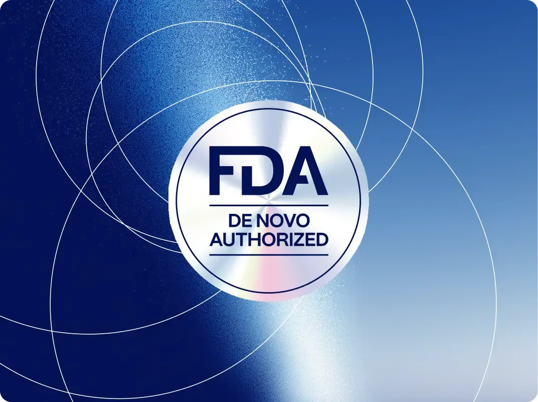 FDA De Novo Authorized seal on blue concentric rings