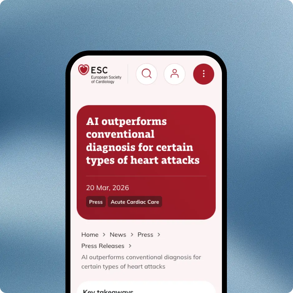 European Society of Cardiology press release headline on AI outperforming conventional diagnosis for certain heart attacks