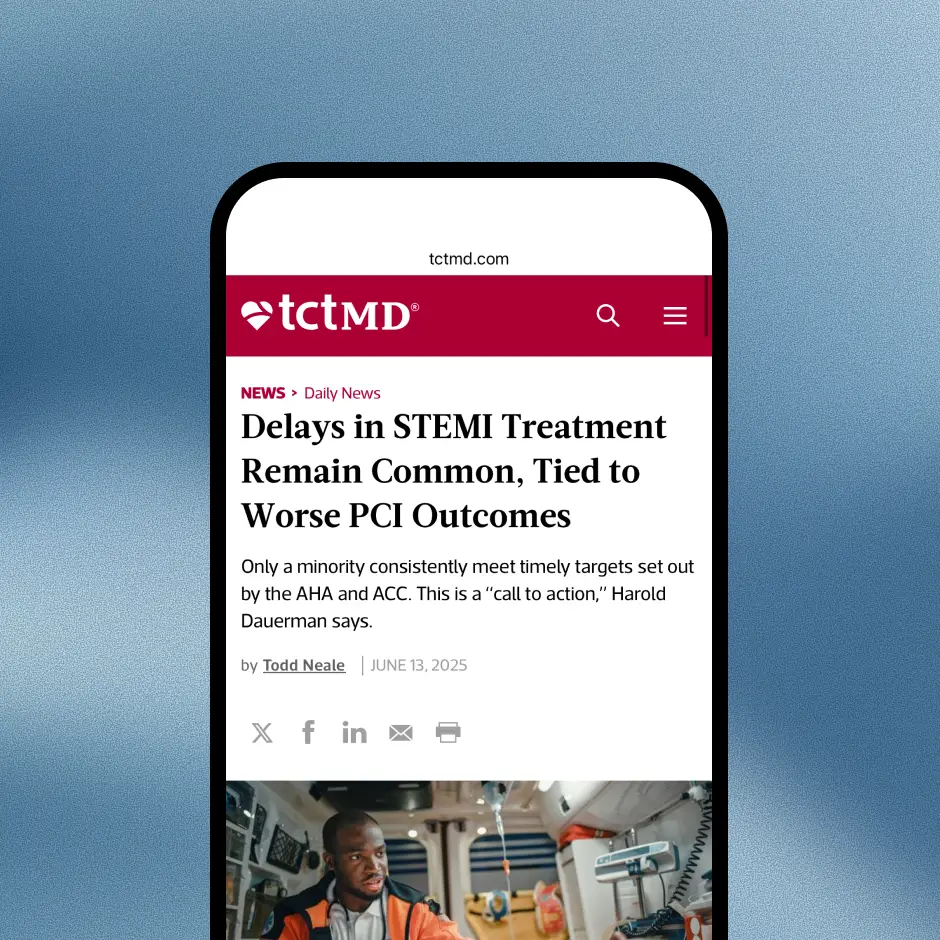 TCTMD article headline on STEMI treatment delays linked to worse PCI outcomes