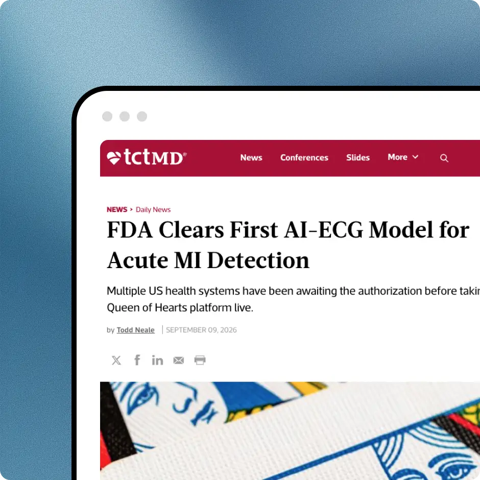 TCTMD article headline on the FDA clearing the first AI-ECG model for acute MI detection (Queen of Hearts)