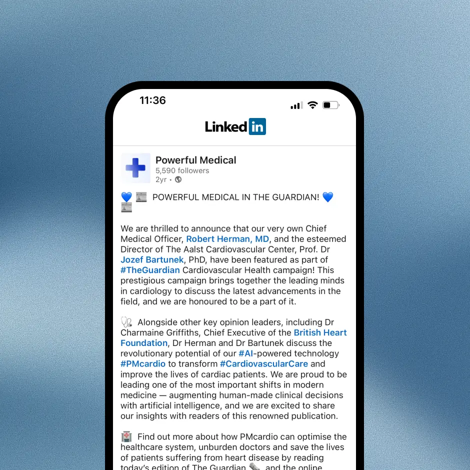 LinkedIn post by Powerful Medical on PMcardio featured in The Guardian cardiovascular campaign