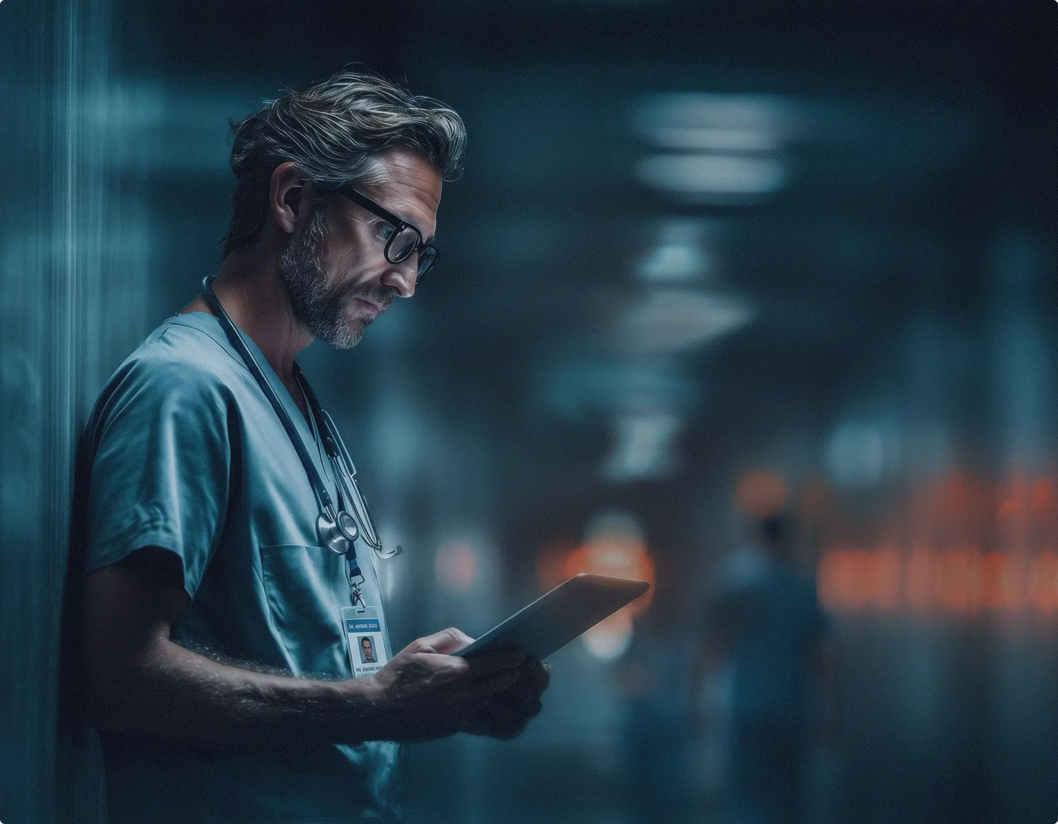 Clinician in scrubs with a stethoscope reviewing patient data on a tablet in a hospital corridor