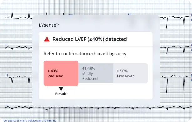 LVsense card reading reduced LVEF under 40% detected with advice to refer for confirmatory echocardiography
