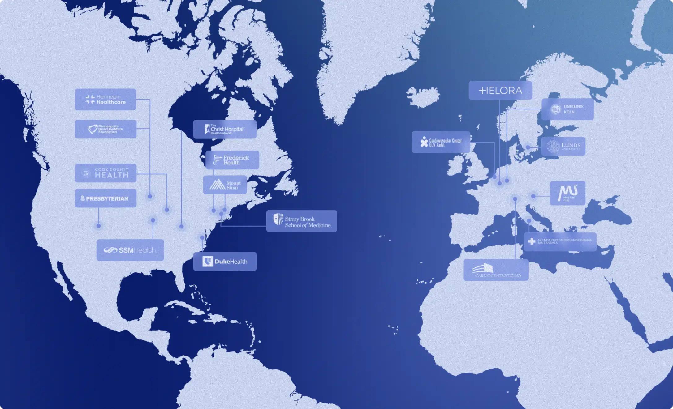 Map of North American and European hospitals adopting PMcardio LVsense AI-ECG across the network