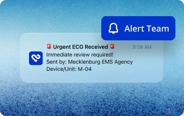 PMcardio urgent ECG alert notification with an Alert Team button for care coordination