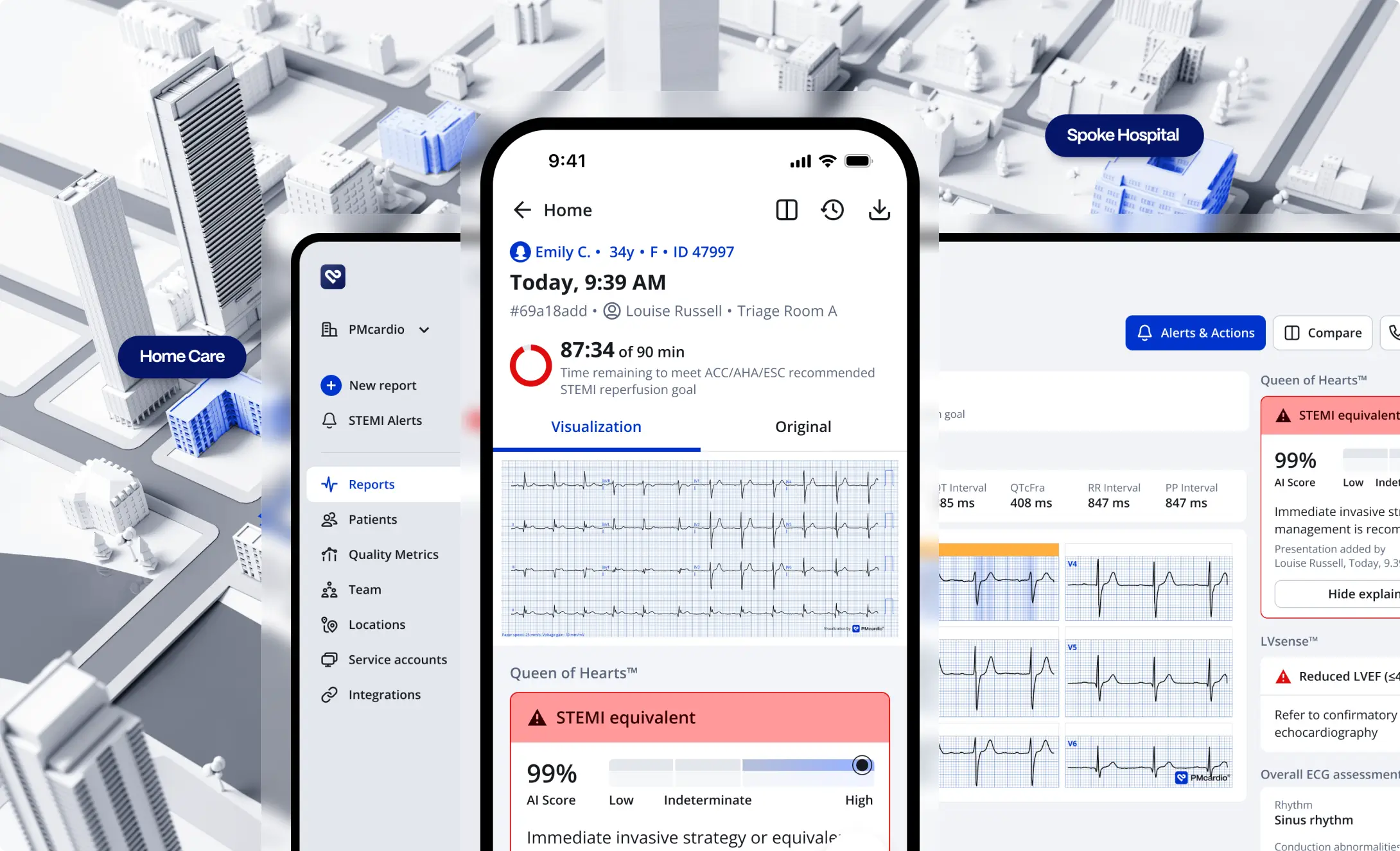 PMcardio app on a phone flagging a STEMI equivalent over a 3D city of connected hospitals and clinics