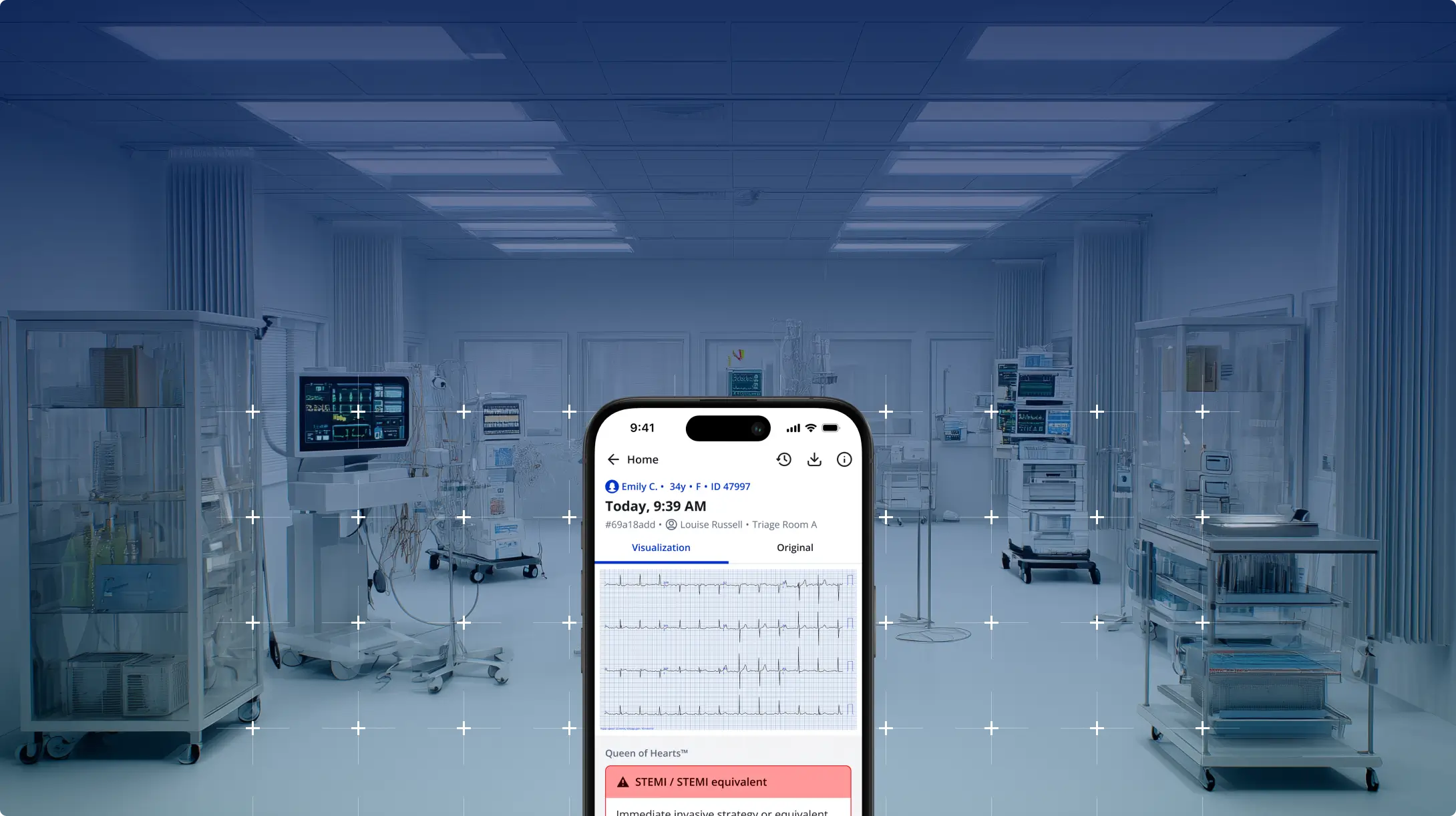 PMcardio app showing a 12-lead ECG and Queen of Hearts result in a clinical treatment room