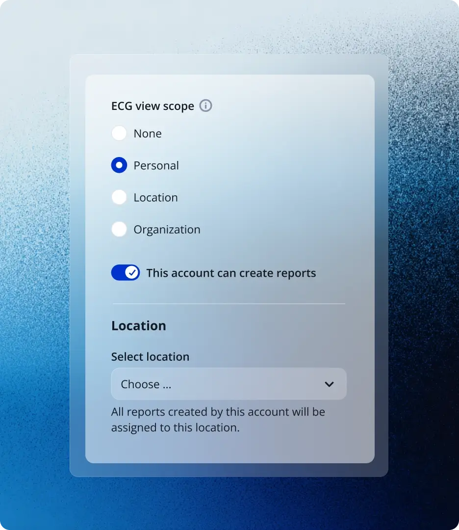 PMcardio governance settings for ECG view scope and role-based report permissions