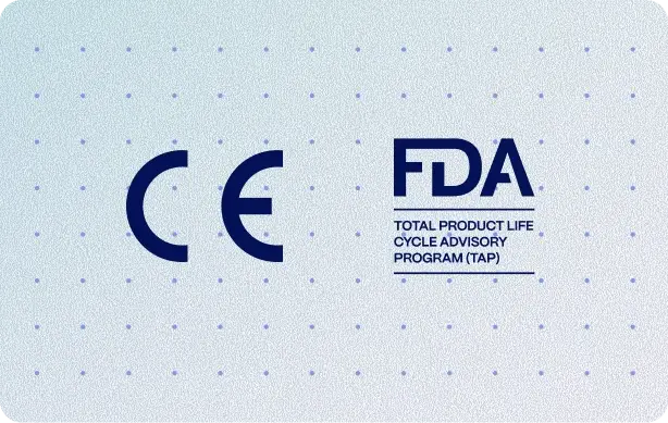 CE mark and FDA Total Product Life Cycle Advisory Program TAP certification logos