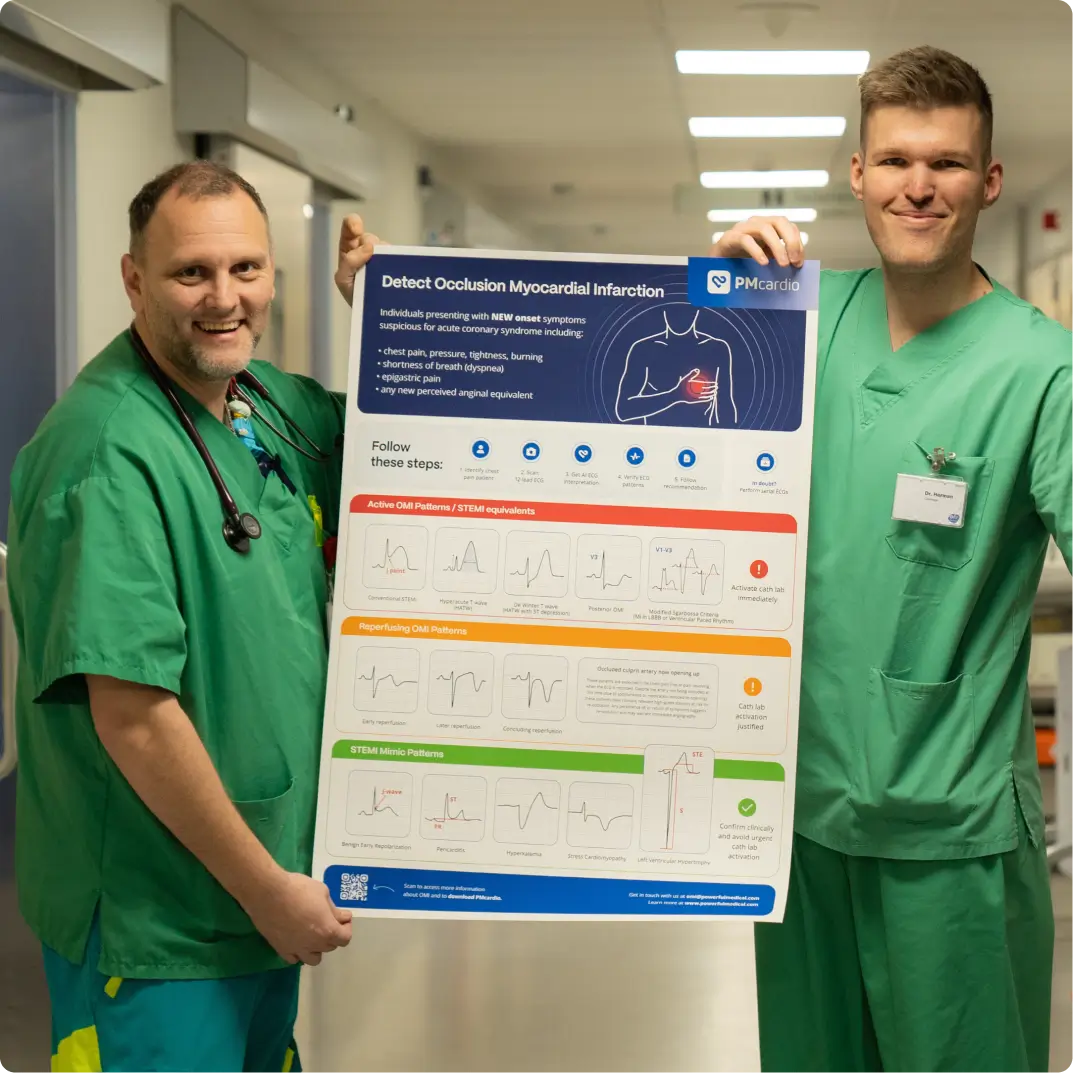 Two clinicians holding the PMcardio Detect Occlusion Myocardial Infarction ECG patterns poster