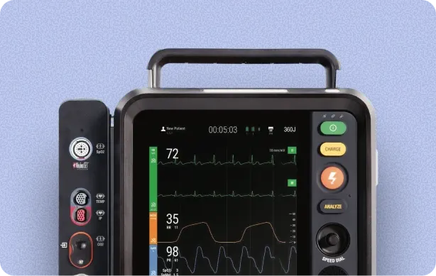 Portable patient monitor and defibrillator displaying live 12-lead ECG traces