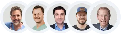 Headshots of five clinicians who use PMcardio, trusted by 100,000+ clinicians across 150+ hospitals