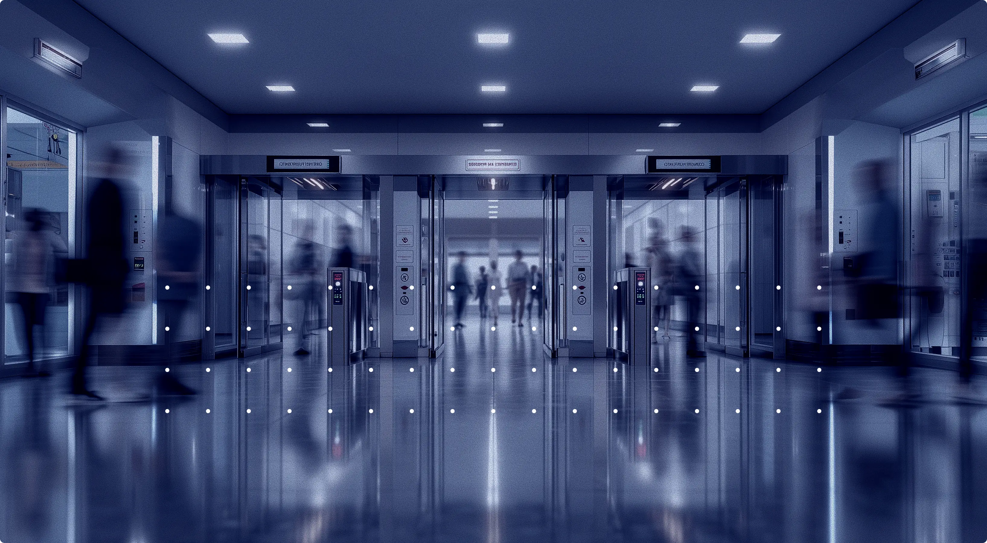 Blurred modern hospital entrance with people passing through glass doors