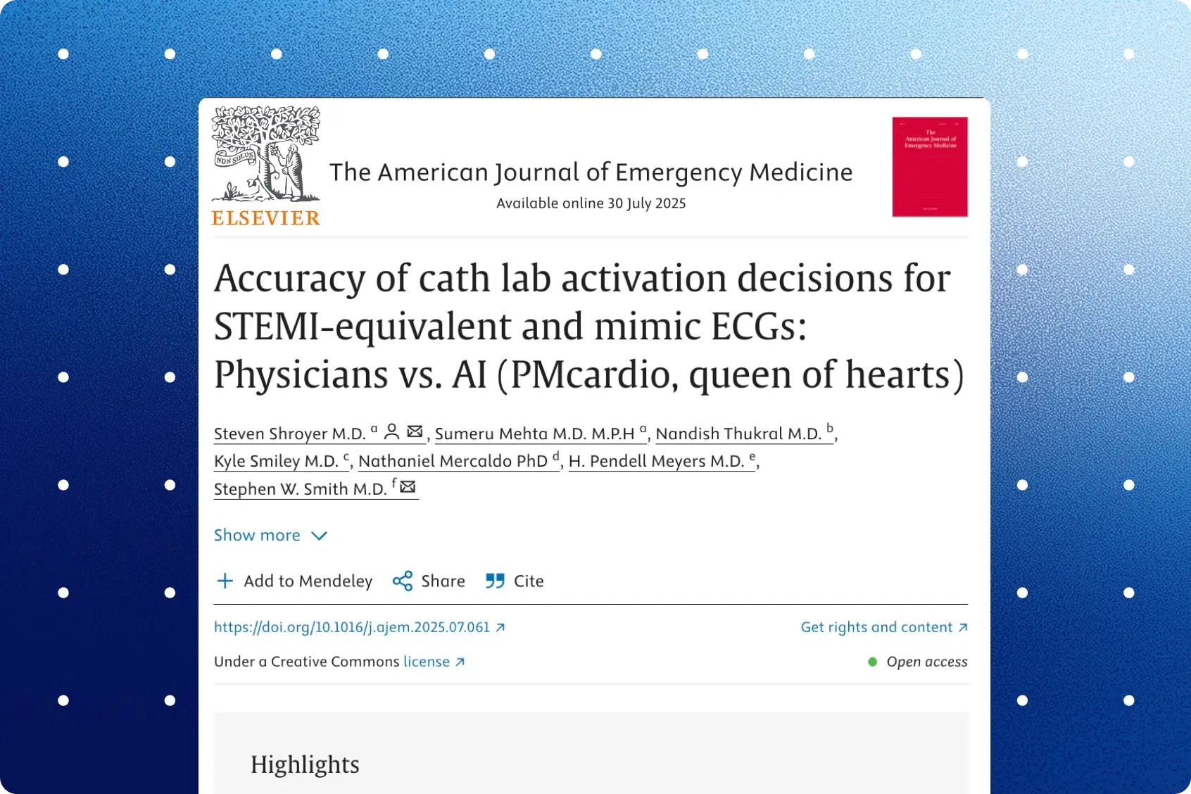 American Journal of Emergency Medicine article header on cath lab activation accuracy for physicians versus PMcardio Queen of Hearts AI