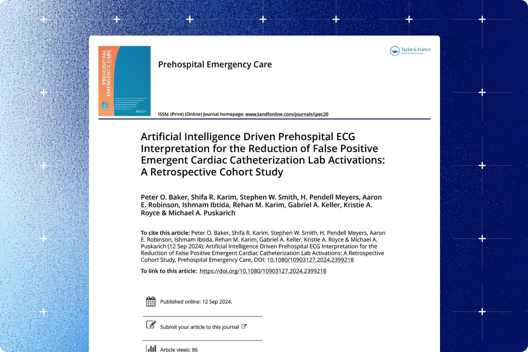 Prehospital Emergency Care journal title page for the AI prehospital ECG cath lab activation study