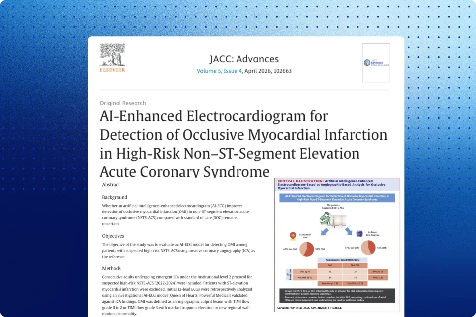 JACC Advances journal first page for the AI-ECG study detecting OMI in high-risk NSTE-ACS