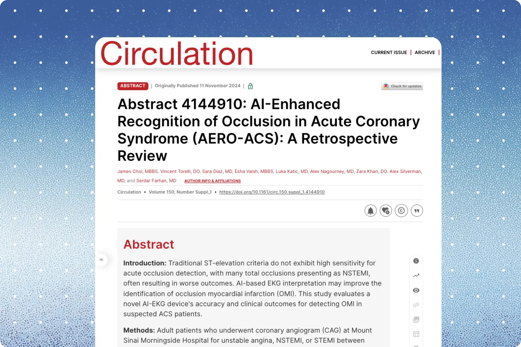 Circulation journal abstract page for the AERO-ACS retrospective review of the PMcardio STEMI AI ECG model