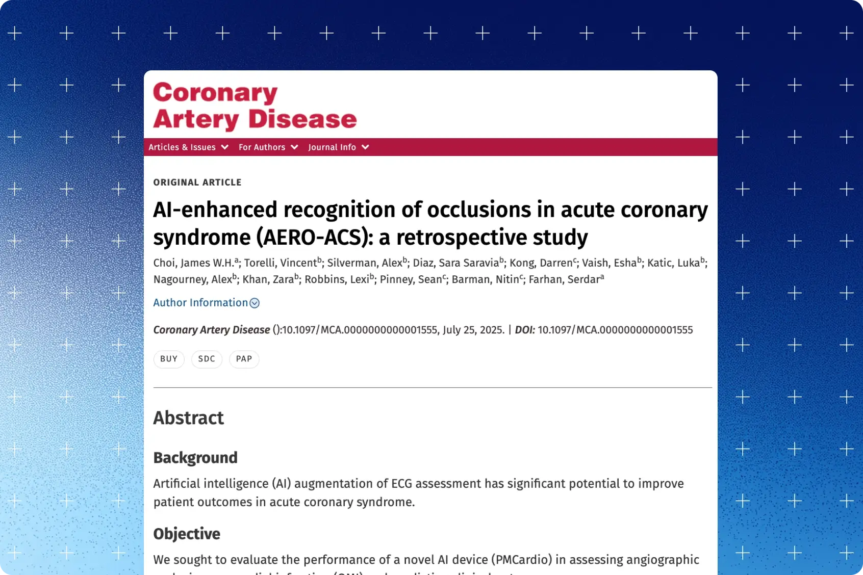 AERO-ACS study title page in Coronary Artery Disease journal on PMcardio AI ECG occlusion detection