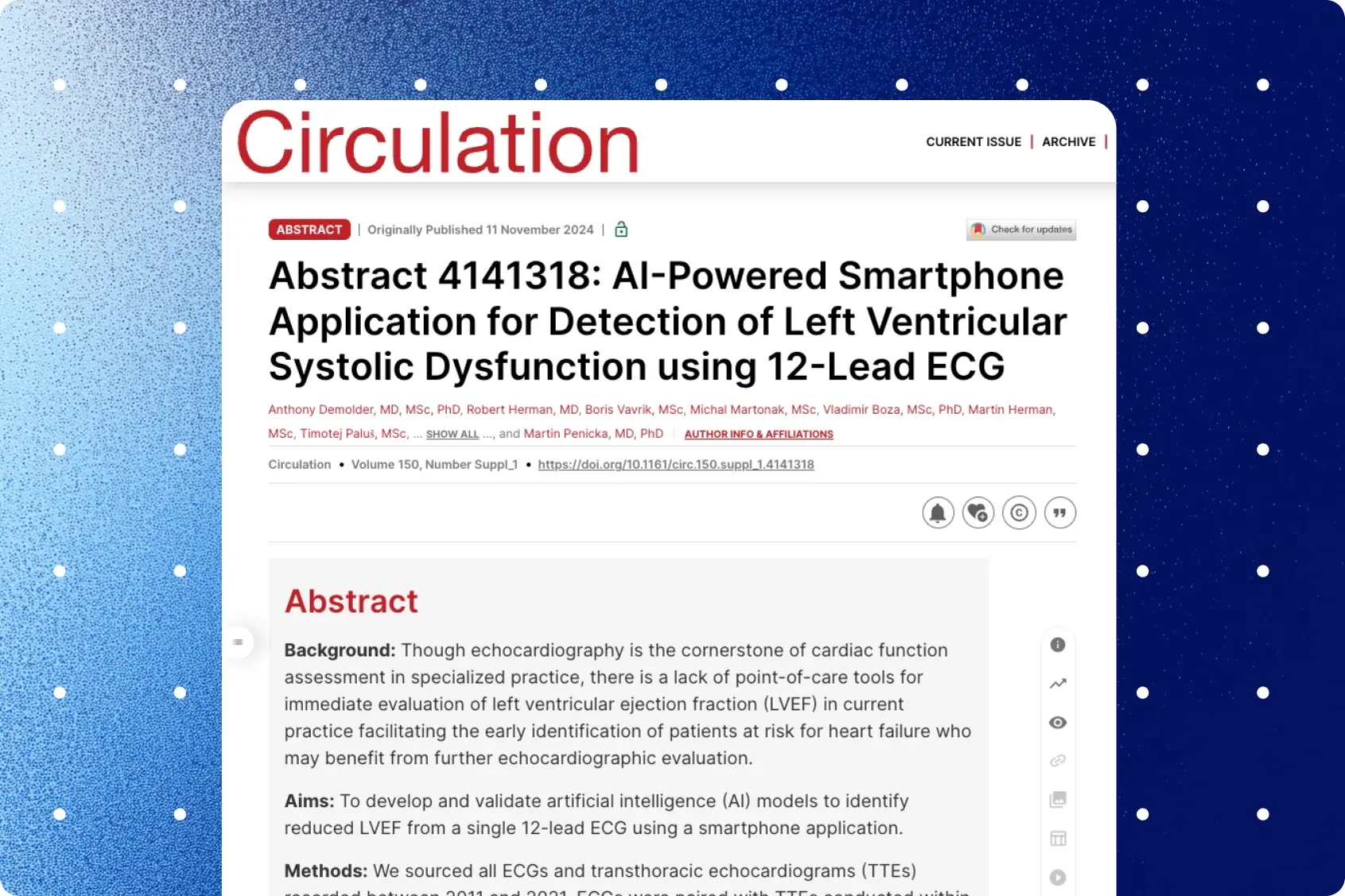 Circulation journal abstract on PMcardio AI smartphone app detecting reduced LVEF from 12-lead ECG