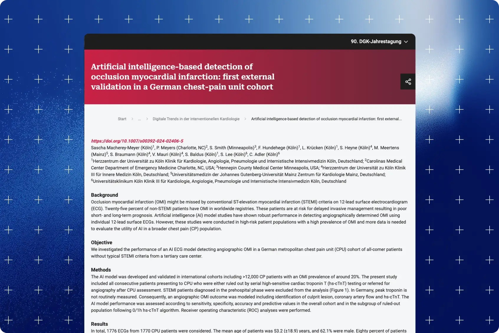 DGK congress webpage of the German chest pain unit abstract on PMcardio AI detection of occlusion myocardial infarction