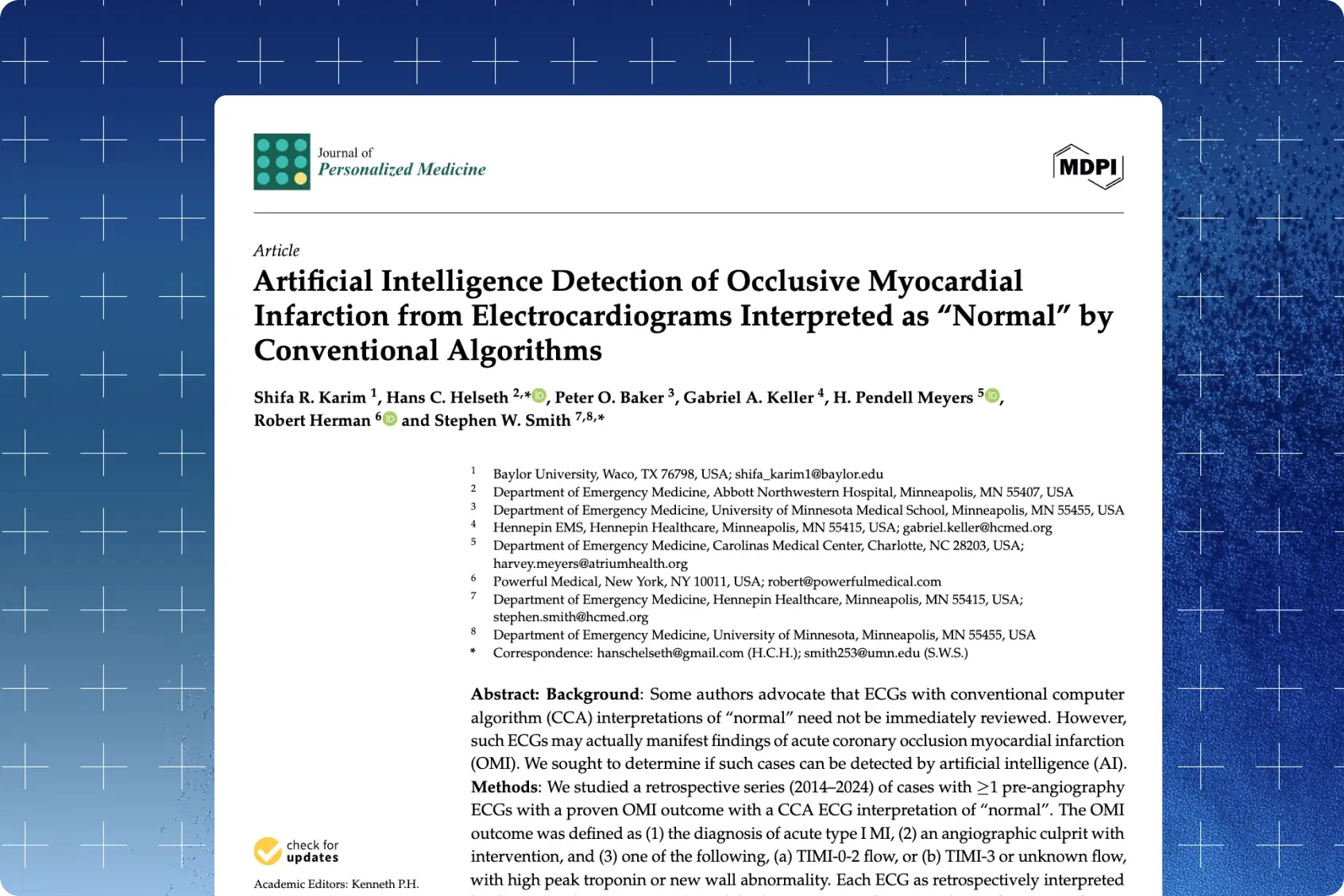 Journal of Personalized Medicine title page of study on PMcardio AI detecting OMI in ECGs called normal