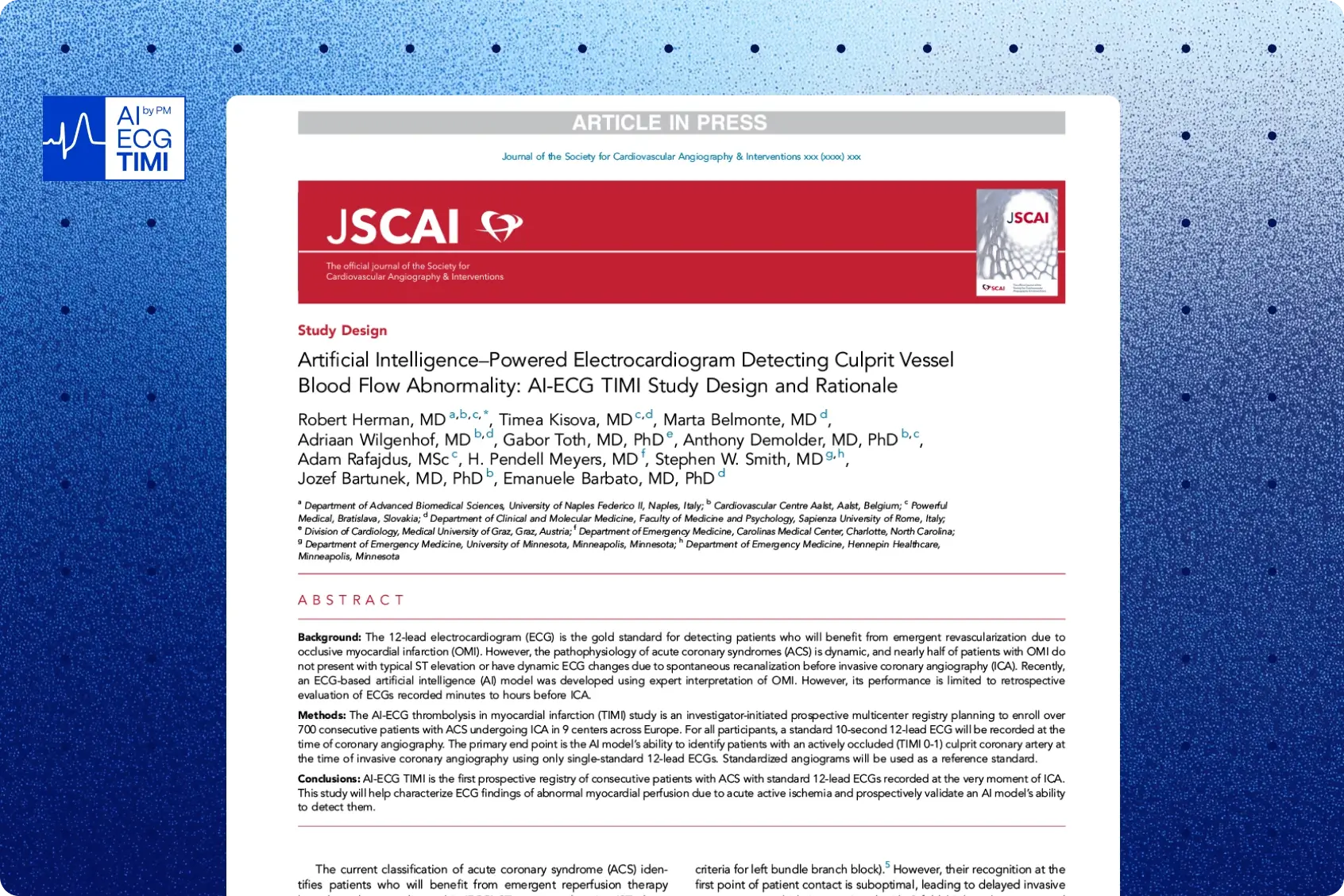 JSCAI journal title page of the AI-ECG TIMI study design abstract with AI ECG TIMI logo