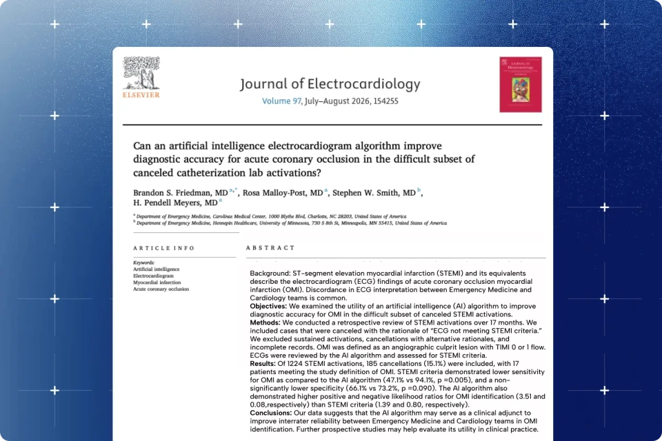 Journal of Electrocardiology title page on AI ECG detection of OMI in canceled STEMI cath lab activations