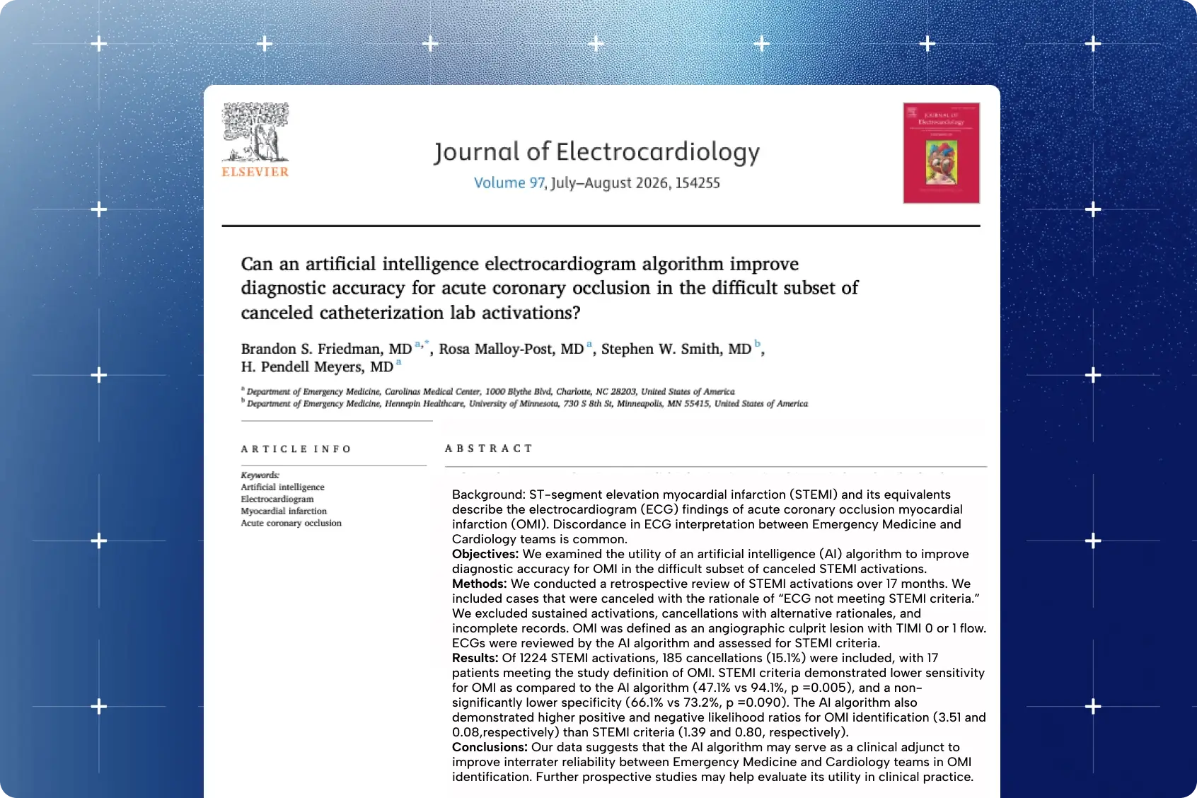 Journal of Electrocardiology title page on AI ECG detection of OMI in canceled STEMI cath lab activations